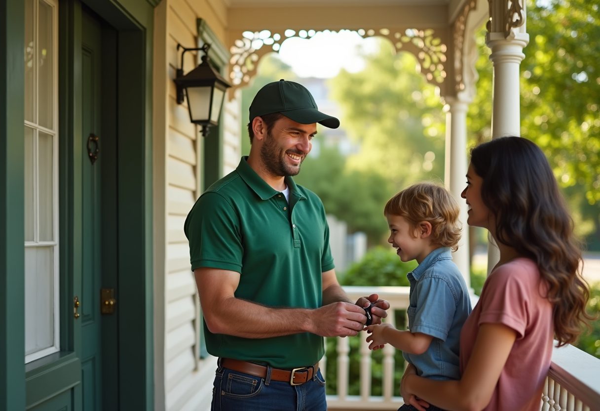Locksmith handing new keys to a family on their verandah — Castle Hill